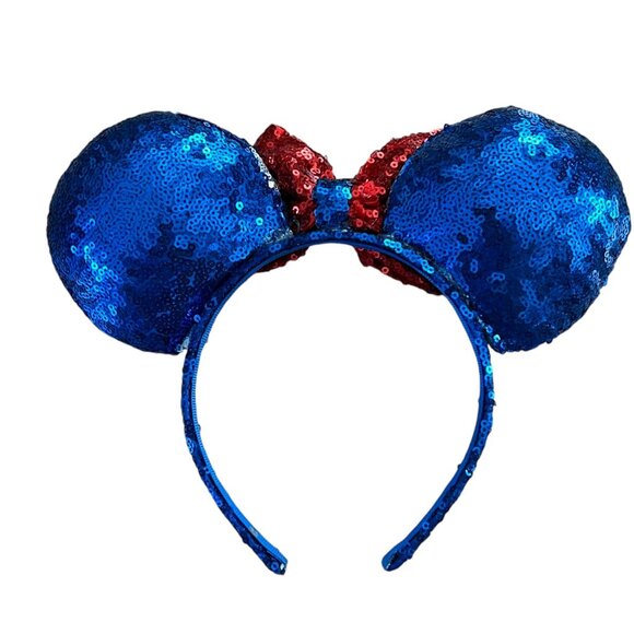 Patriotic Sequin Mickey Mouse Ears Headband For Adults & Kids - Blue With Red Bo - Picture 2 of 2